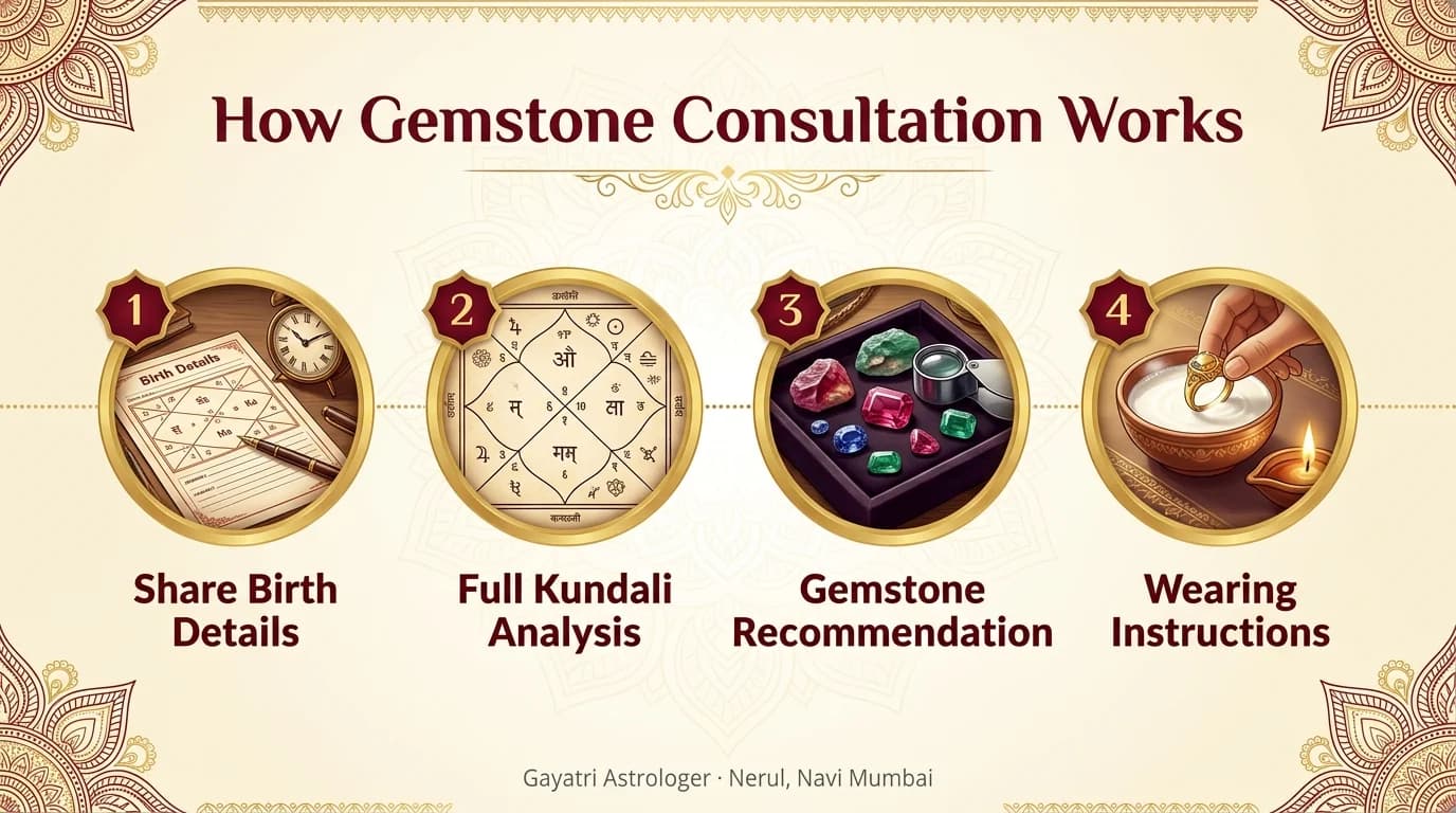 How Gemstone Consultation Works: 1. Share Birth Details, 2. Full Kundali Analysis, 3. Gemstone Recommendation, 4. Complete Wearing Instructions