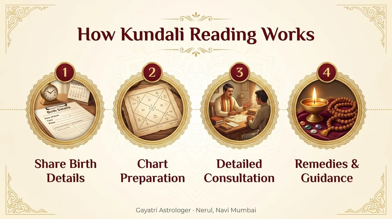 How Kundali Reading Works: 1. Share Birth Details, 2. Chart Preparation, 3. Detailed Consultation, 4. Remedies & Guidance