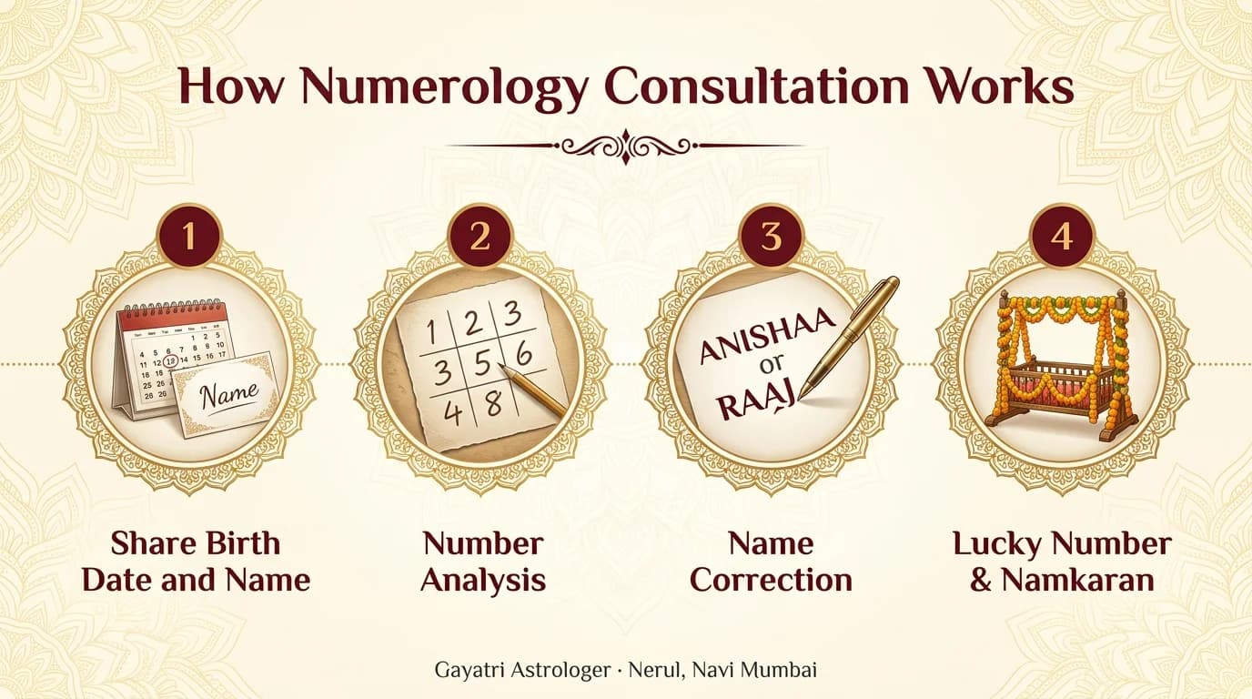 How Numerology Specialist Works: 1. Share Birth Date and Name, 2. Number Calculation and Analysis, 3. Correction and Recommendation, 4. Lucky Number and Namkaran Guidance