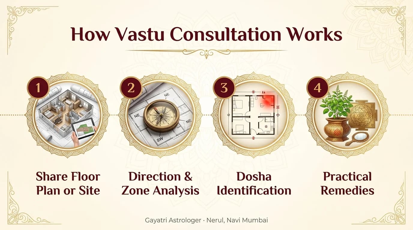 How Vastu Consultation Works: 1. Share Floor Plan or Site, 2. Direction & Zone Analysis, 3. Dosha Identification, 4. Practical Remedies